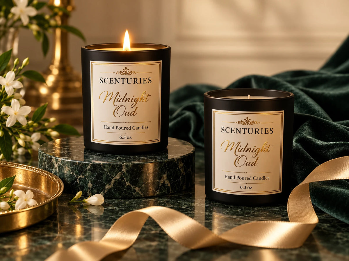 Scenturies Midnight Oud candles arranged with ribbon and jasmine flowers.